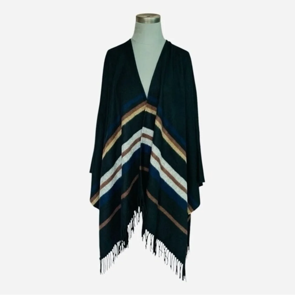 Banana Republic Black Striped Wool Blend Shawl Wrap Poncho One Size Cape EXC - Picture 3 of 7